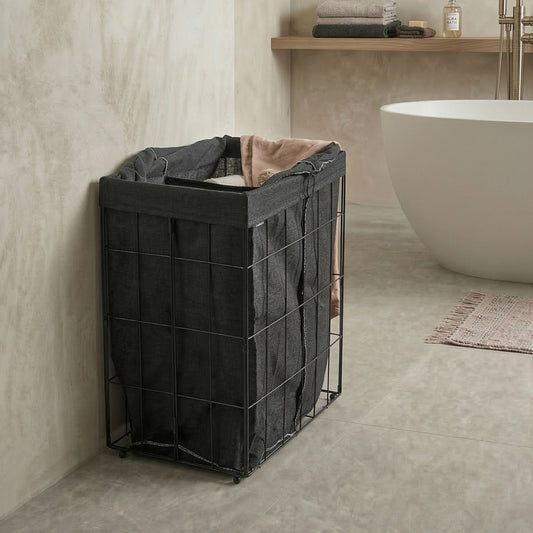 Laundry Basket With Black Metal Frame Foldable Handmade Removable Fabric Liner 100L
