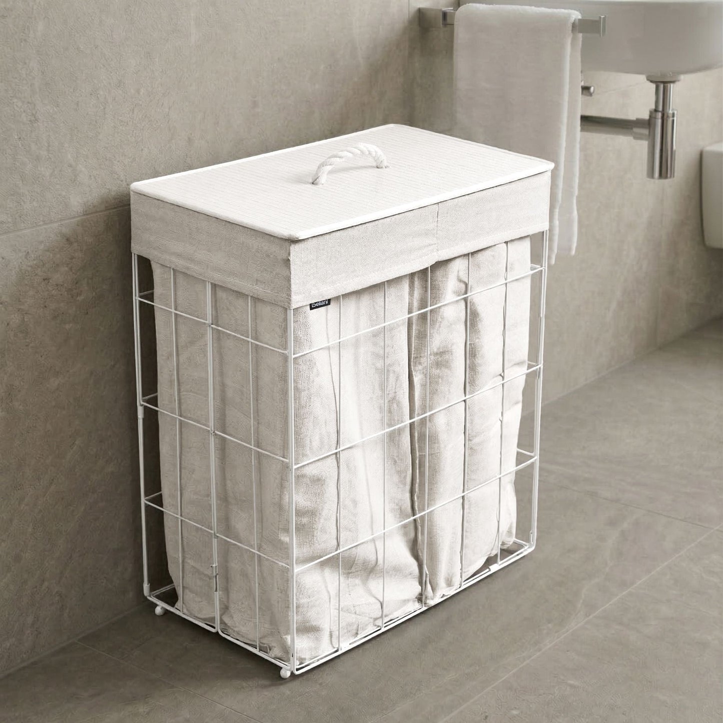 Laundry Basket White Bamboo Lid Metal Frame Foldable 100L