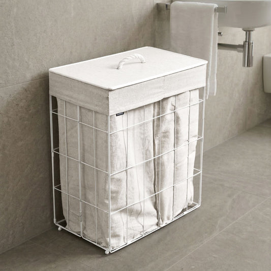 Laundry Basket White Bamboo Lid Metal Frame Foldable 100L