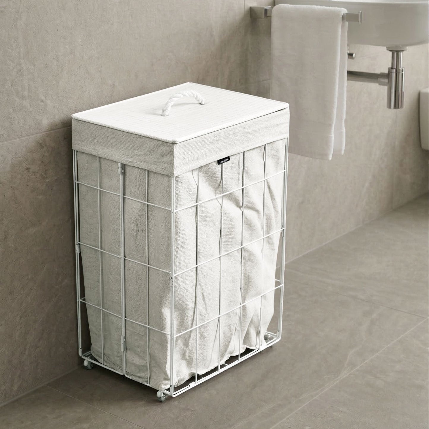 Laundry Basket With White Bamboo Lid And Foldable Metal Frame And Fabric Liner 72L