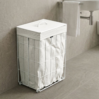 Laundry Basket With White Bamboo Lid And Foldable Metal Frame And Fabric Liner 72L