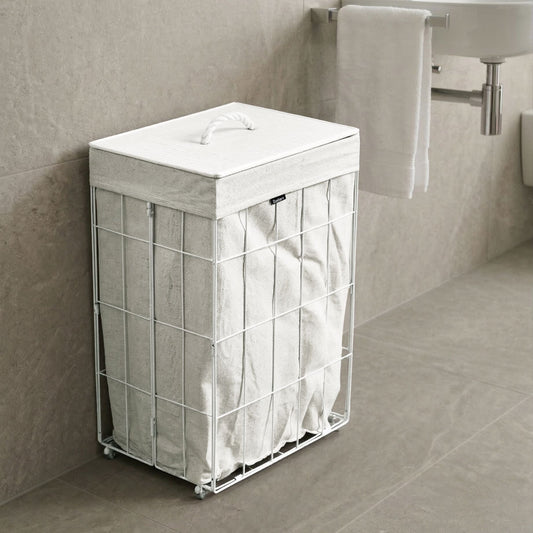 Laundry Basket With White Bamboo Lid And Foldable Metal Frame And Fabric Liner 72L