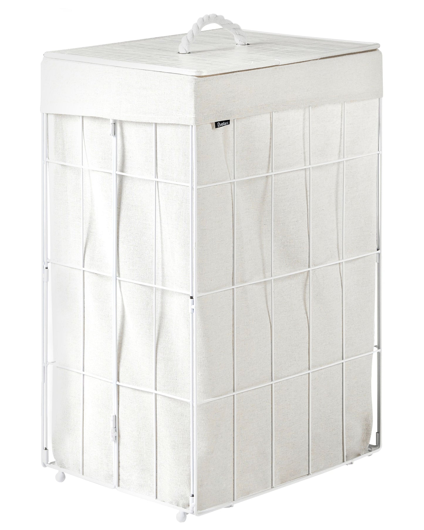 Laundry Basket With White Bamboo Lid And Foldable Metal Frame And Fabric Liner 72L