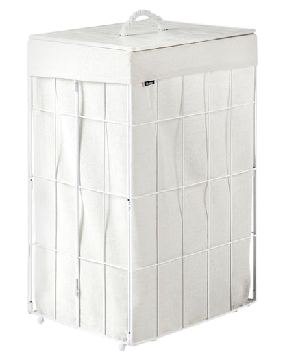 Laundry Basket With White Bamboo Lid And Foldable Metal Frame And Fabric Liner 72L