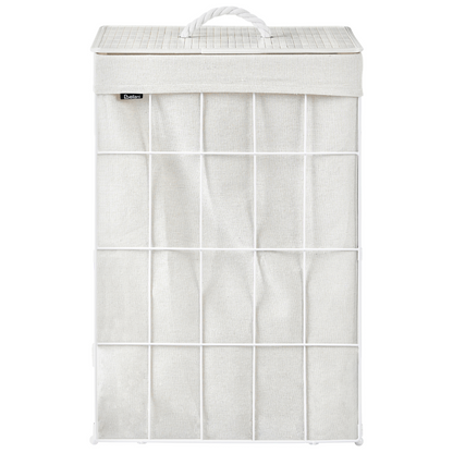 Laundry Basket With White Bamboo Lid And Foldable Metal Frame And Fabric Liner 72L