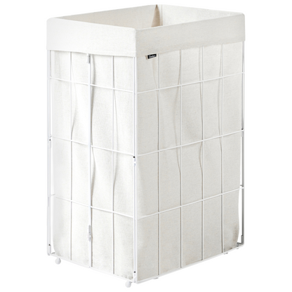 Laundry Basket With White Bamboo Lid And Foldable Metal Frame And Fabric Liner 72L