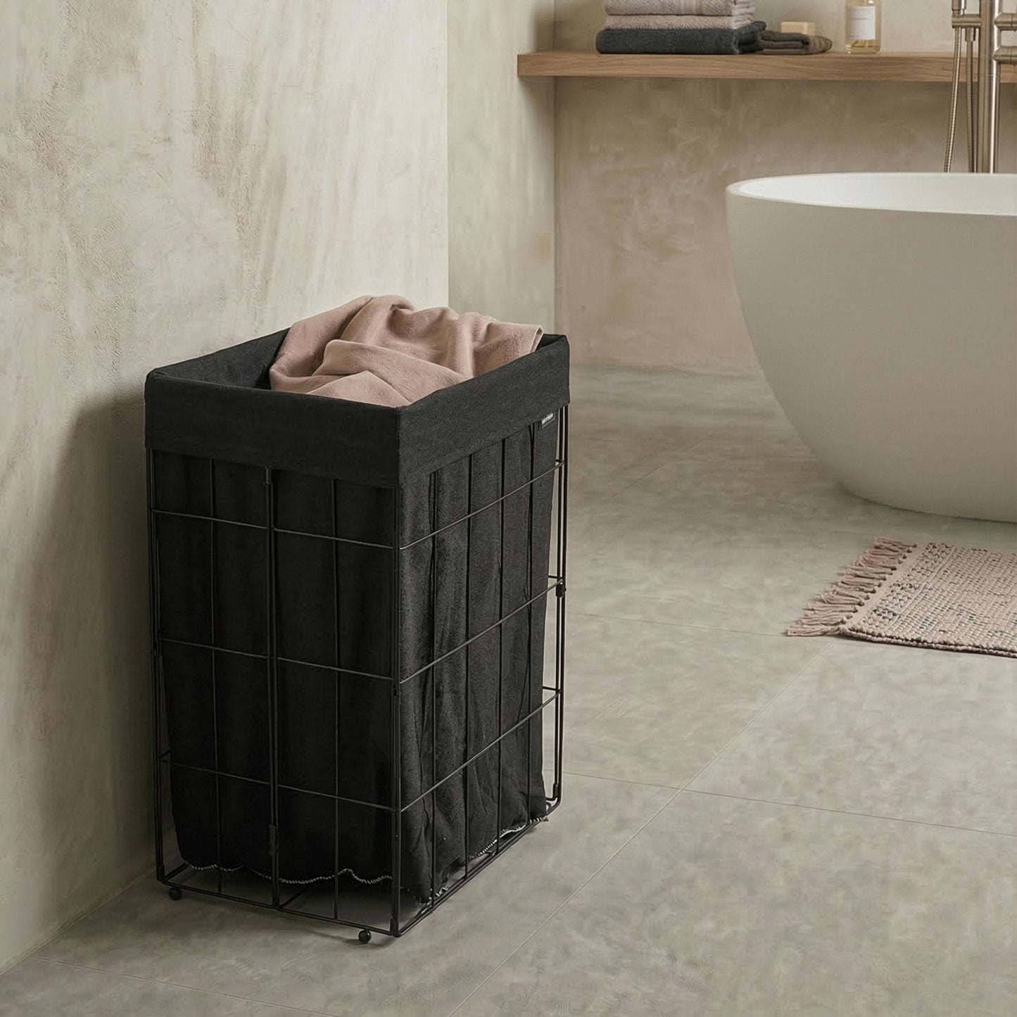 Black Metal Frame Laundry Basket With Removable Liner Foldable 72L Handmade