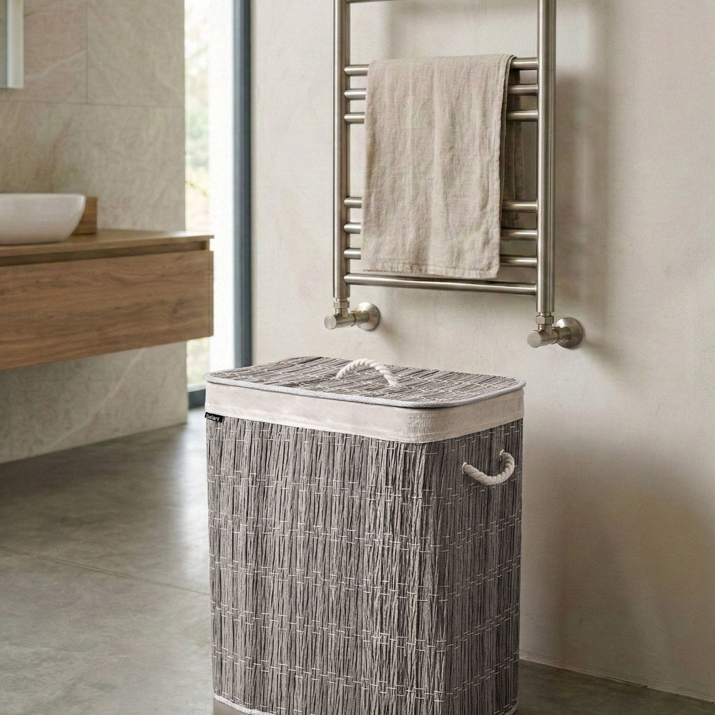 Everhome Foldable Laundry Basket Grey Fabric With Lid Two-Compartment Removable Liner 100L