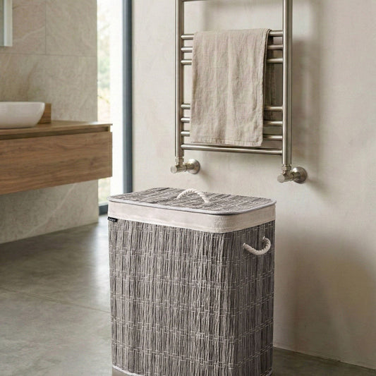 Everhome Foldable Laundry Basket Grey Fabric With Lid Two-Compartment Removable Liner 100L