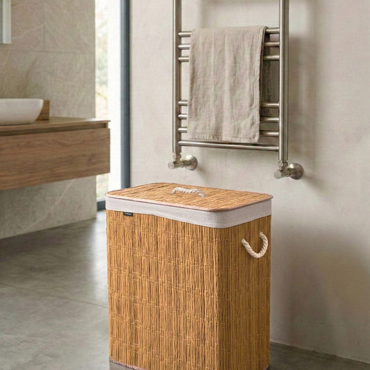 Home Brown Laundry Basket With Lid 100L Two Compartment Removable Liner Foldable Cotton Fabric