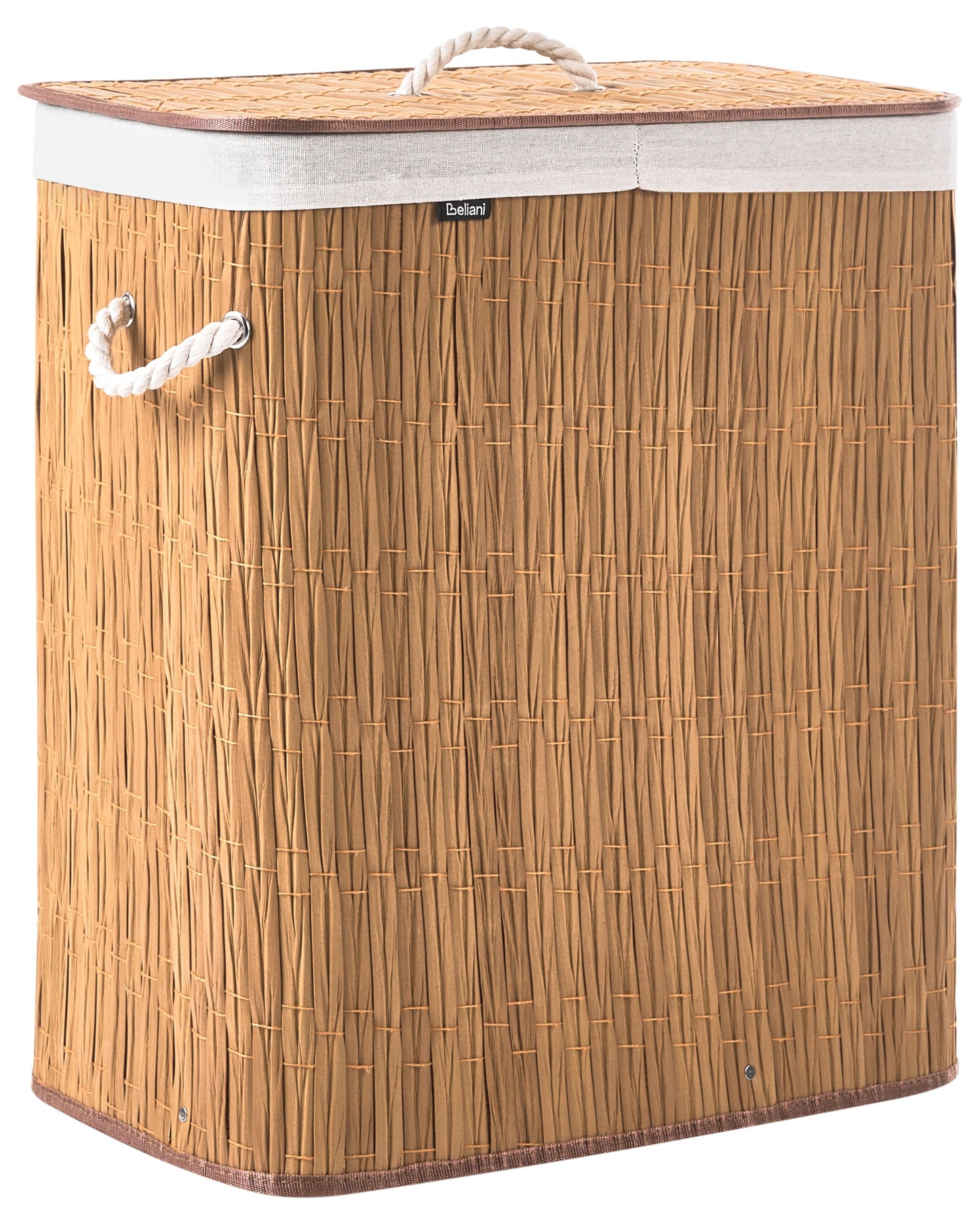 Home Brown Laundry Basket With Lid 100L Two Compartment Removable Liner Foldable Cotton Fabric