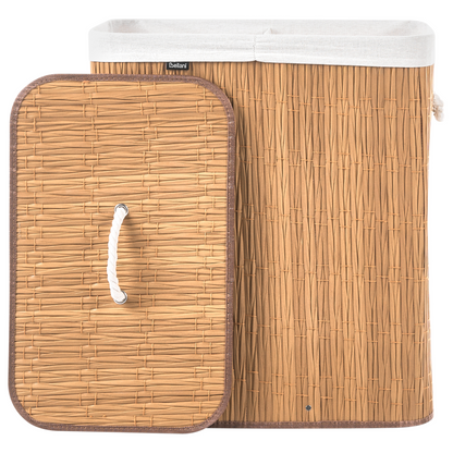 Home Brown Laundry Basket With Lid 100L Two Compartment Removable Liner Foldable Cotton Fabric