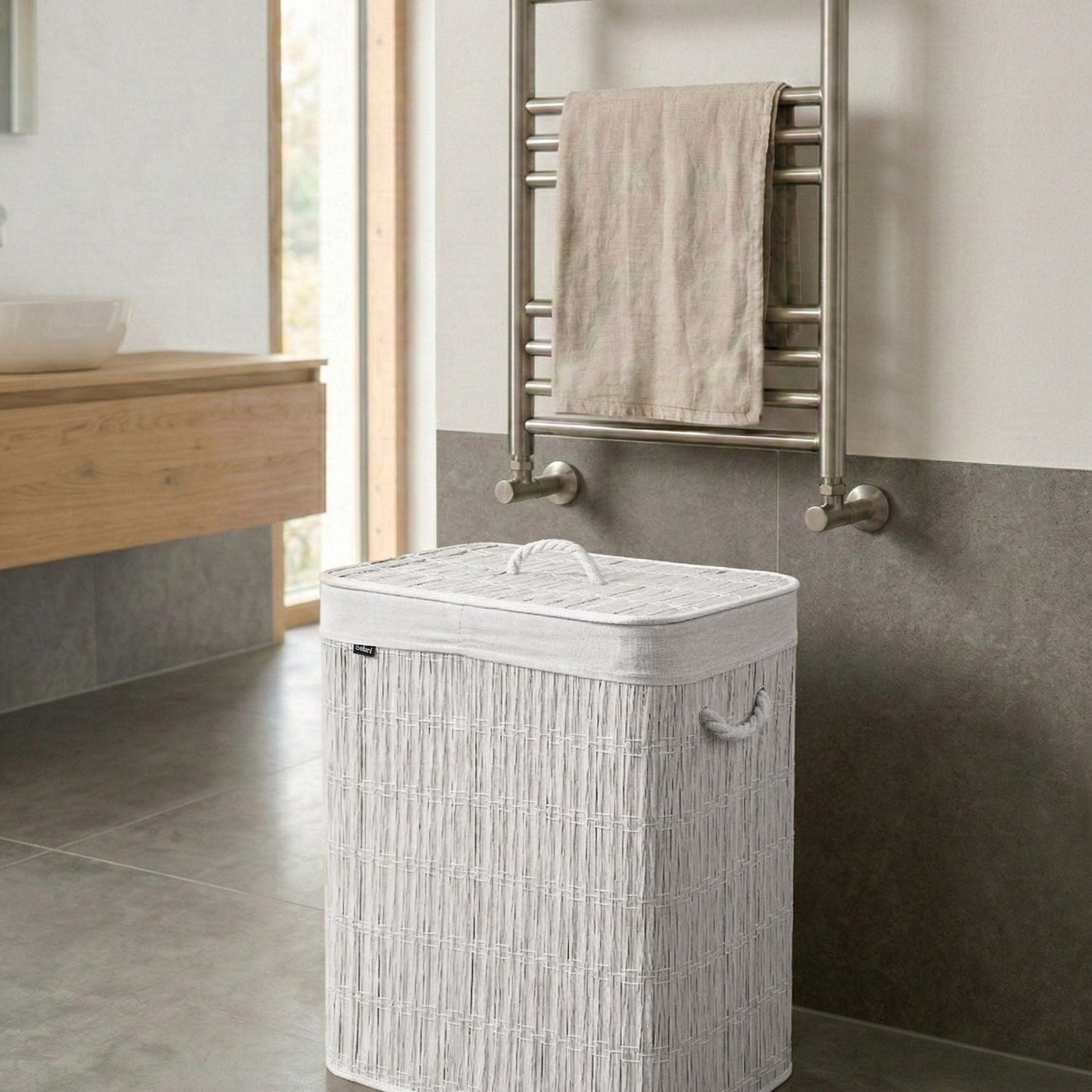 Laundry Basket With Lid And Removable Two Compartment Liner Foldable White Fabric 100L