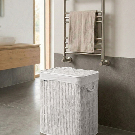 Laundry Basket With Lid And Removable Two Compartment Liner Foldable White Fabric 100L