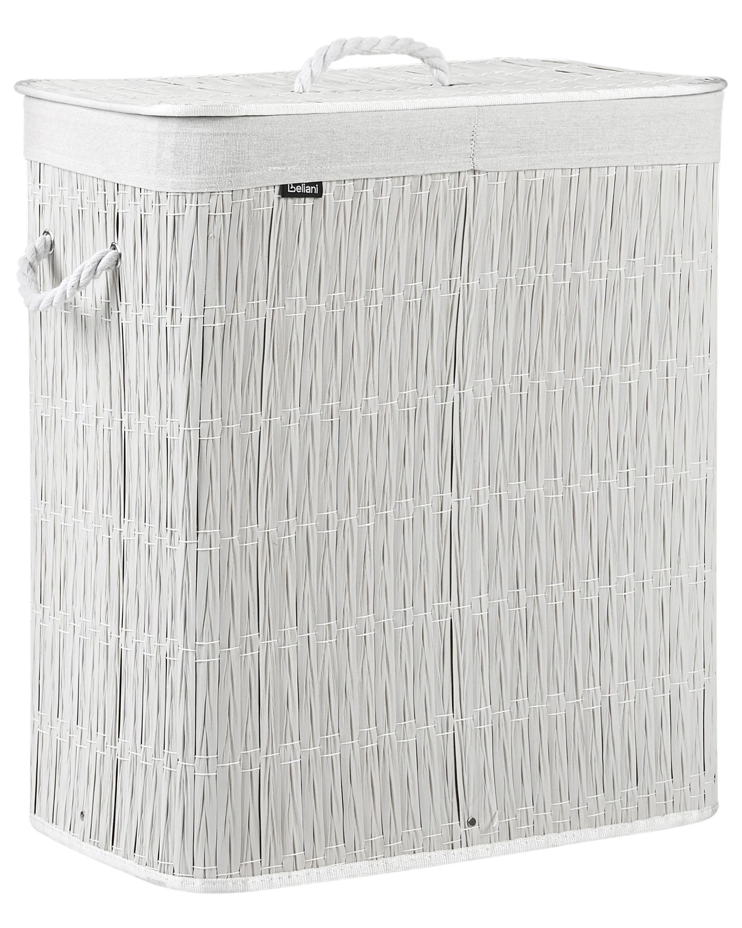 Laundry Basket With Lid And Removable Two Compartment Liner Foldable White Fabric 100L
