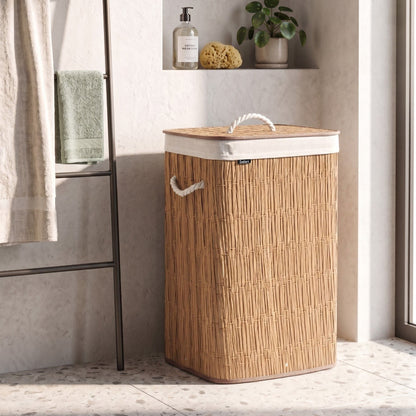 72L Brown Fabric Laundry Basket With Lid And Removable Liner