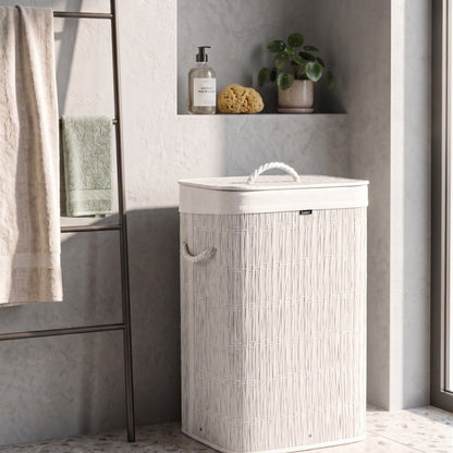 White Fabric Laundry Basket With Lid And Removable Liner 72L
