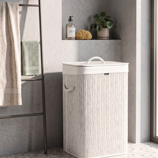 White Fabric Laundry Basket With Lid And Removable Liner 72L