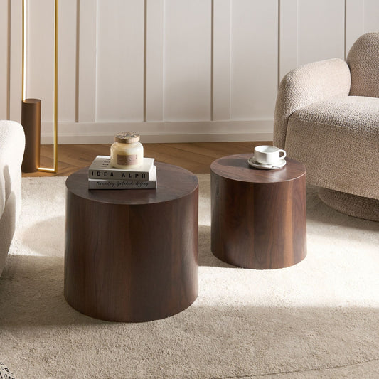 Dark Brown Round Coffee Tables Set of 2 Small and Medium Living Room Tables