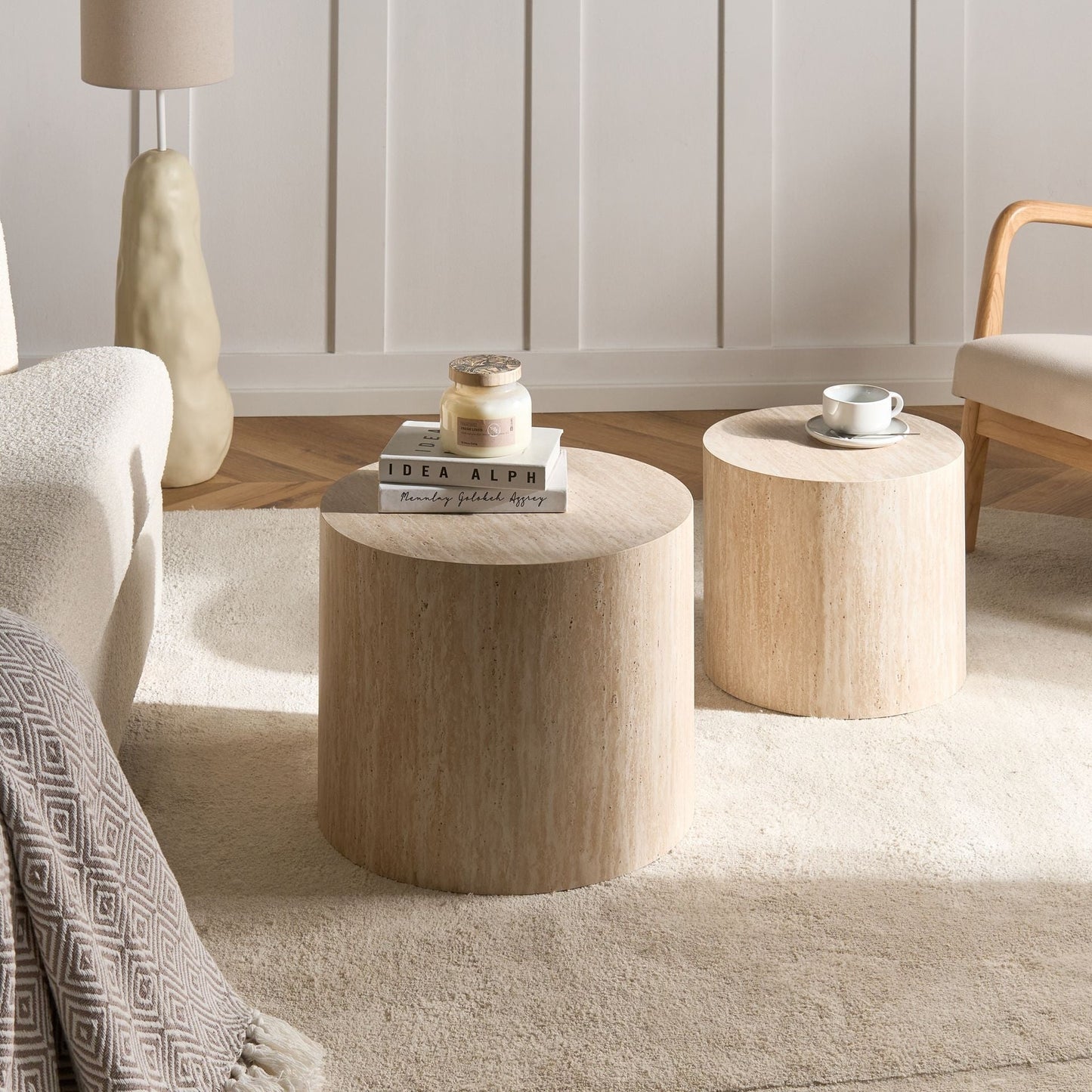 Travertine Effect Round Coffee Tables Set of 2 Small and Medium for Living Room