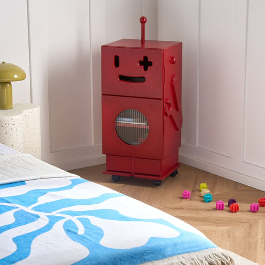 KidzCraft Robot Theme Kids Storage Cabinet Red MDF with Wheels, 3 Shelves and 1 Drawer