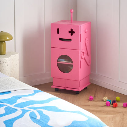 RoboKids Pink Robot Cabinet On Wheels 3 Shelves 1 Drawer