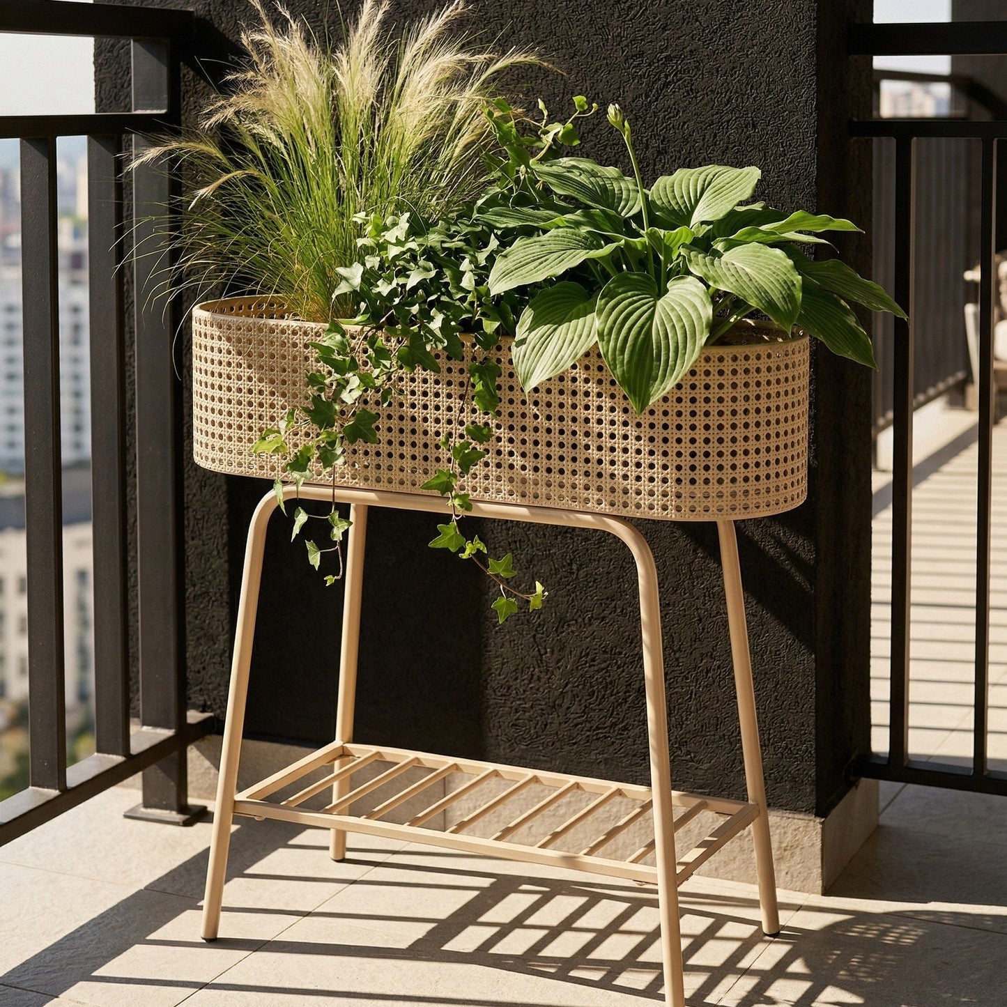 Beige Raised Planter Box With Elevated Metal Shelf Pot Plant Stand For Indoor And Outdoor Gardens