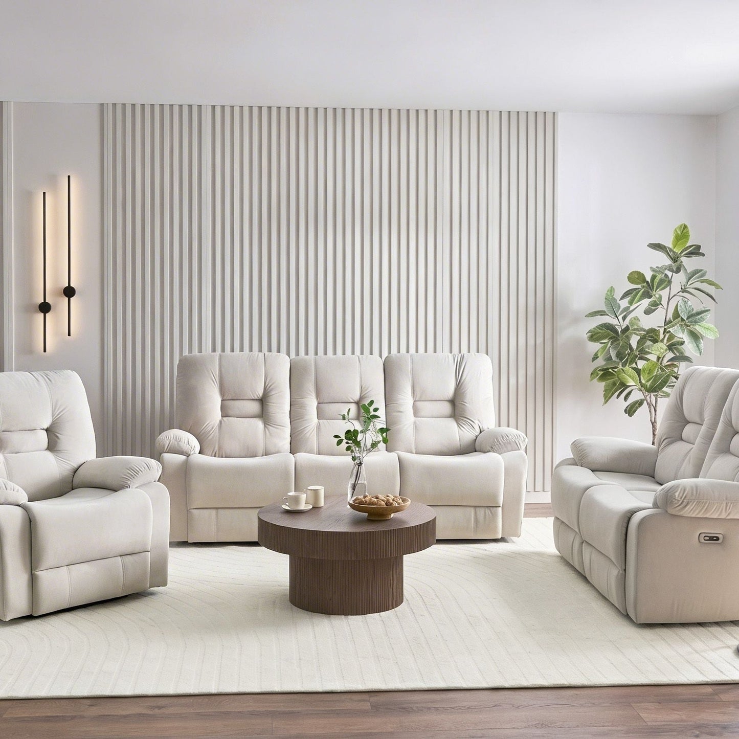 Luxor Velvet Electric Recliner Living Room Set 3 Seater 2 Seater Armchair Beige LED Light