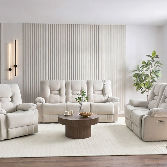 Luxor Velvet Electric Recliner Living Room Set 3 Seater 2 Seater Armchair Beige LED Light