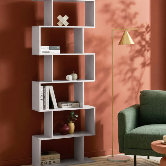 6 Tier Bookcase Off White Chipboard Frame Irregular Design