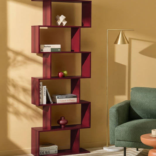 6 Tier Burgundy Bookcase With Irregular Open Back Design