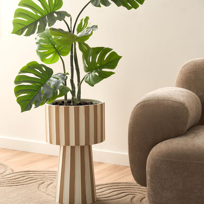 White And Beige Striped Metal Plant Pot With Stand Indoor Planter Elegant Modern Decor