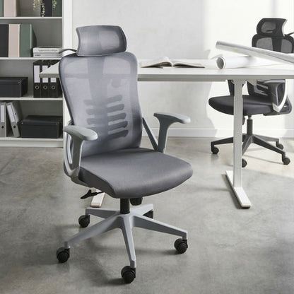 Grey Mesh Office Chair Ergonomic Swivel With Tilting Backrest And Adjustable Headrest