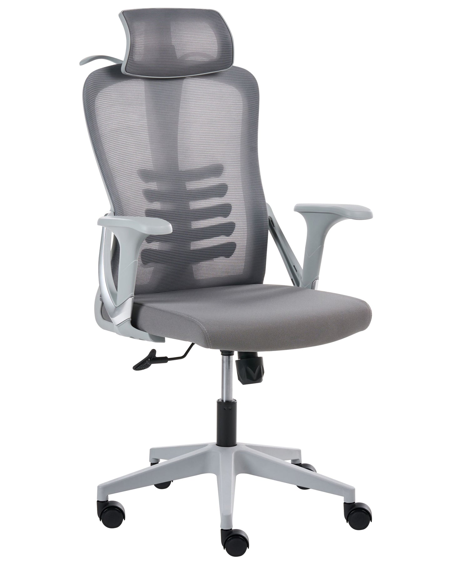 Grey Mesh Office Chair Ergonomic Swivel With Tilting Backrest And Adjustable Headrest