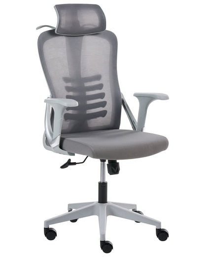Grey Mesh Office Chair Ergonomic Swivel With Tilting Backrest And Adjustable Headrest