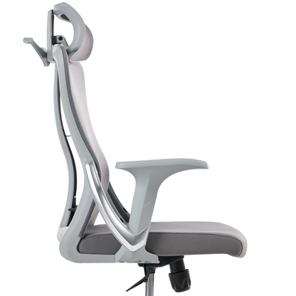 Grey Mesh Office Chair Ergonomic Swivel With Tilting Backrest And Adjustable Headrest