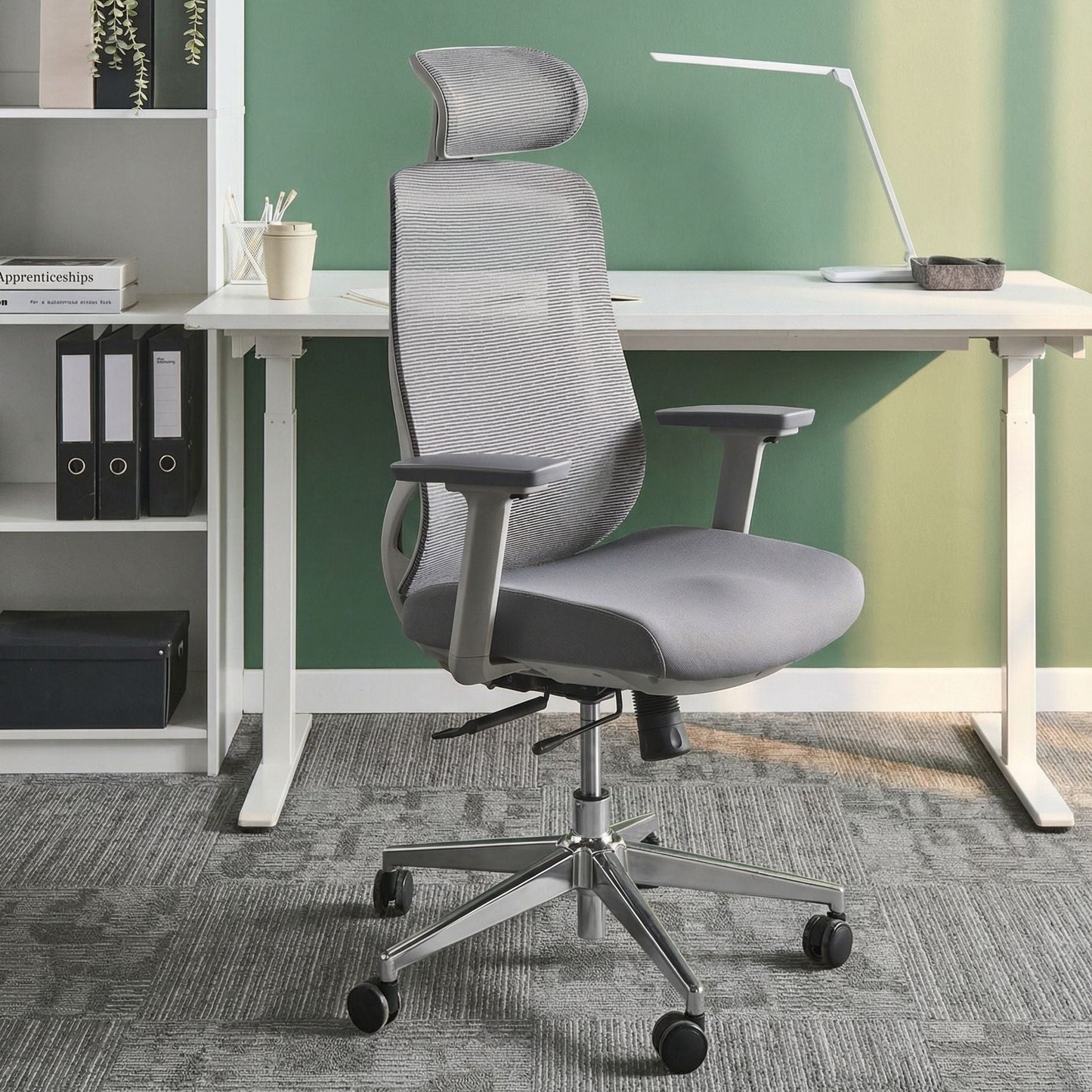 Ergonomic Office Chair Grey Mesh With Tilting Backrest And Adjustable Headrest