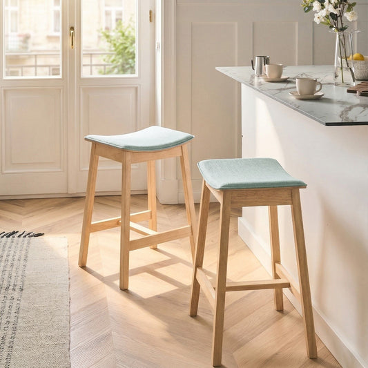 Everhome Set of 2 Bar Chairs Light Brown Rubberwood Mint Green Polyester Upholstered Seat
