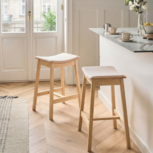 Elara Rubberwood Bar Chairs Set of 2 Armless Light Wood Off White Upholstery