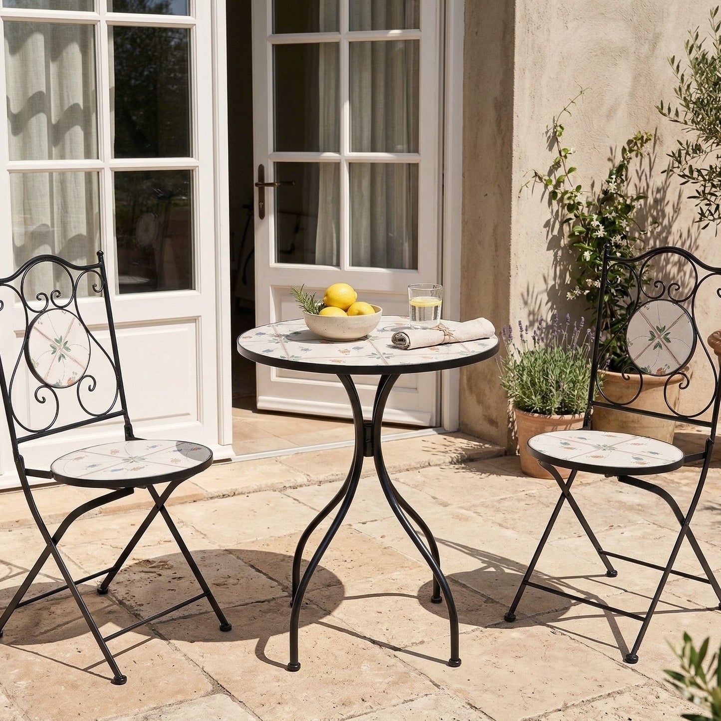 Medi Bistro Table Black Iron Round Top With Mosaic Tiles
