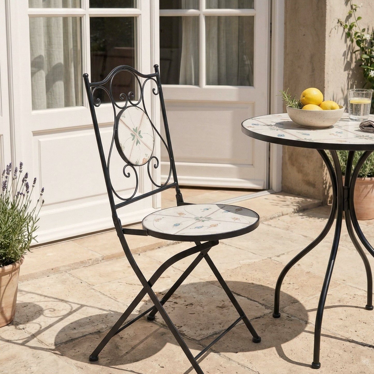 Garden Set Of 2 Folding Chairs Black Iron With Round Mosaic Ceramic Tile Flower Pattern