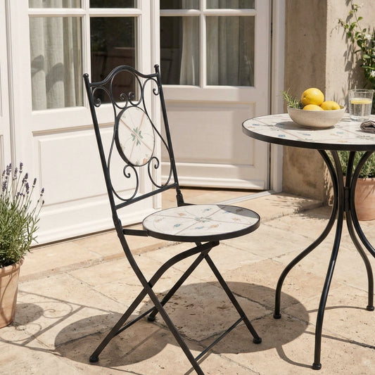 Garden Set Of 2 Folding Chairs Black Iron With Round Mosaic Ceramic Tile Flower Pattern