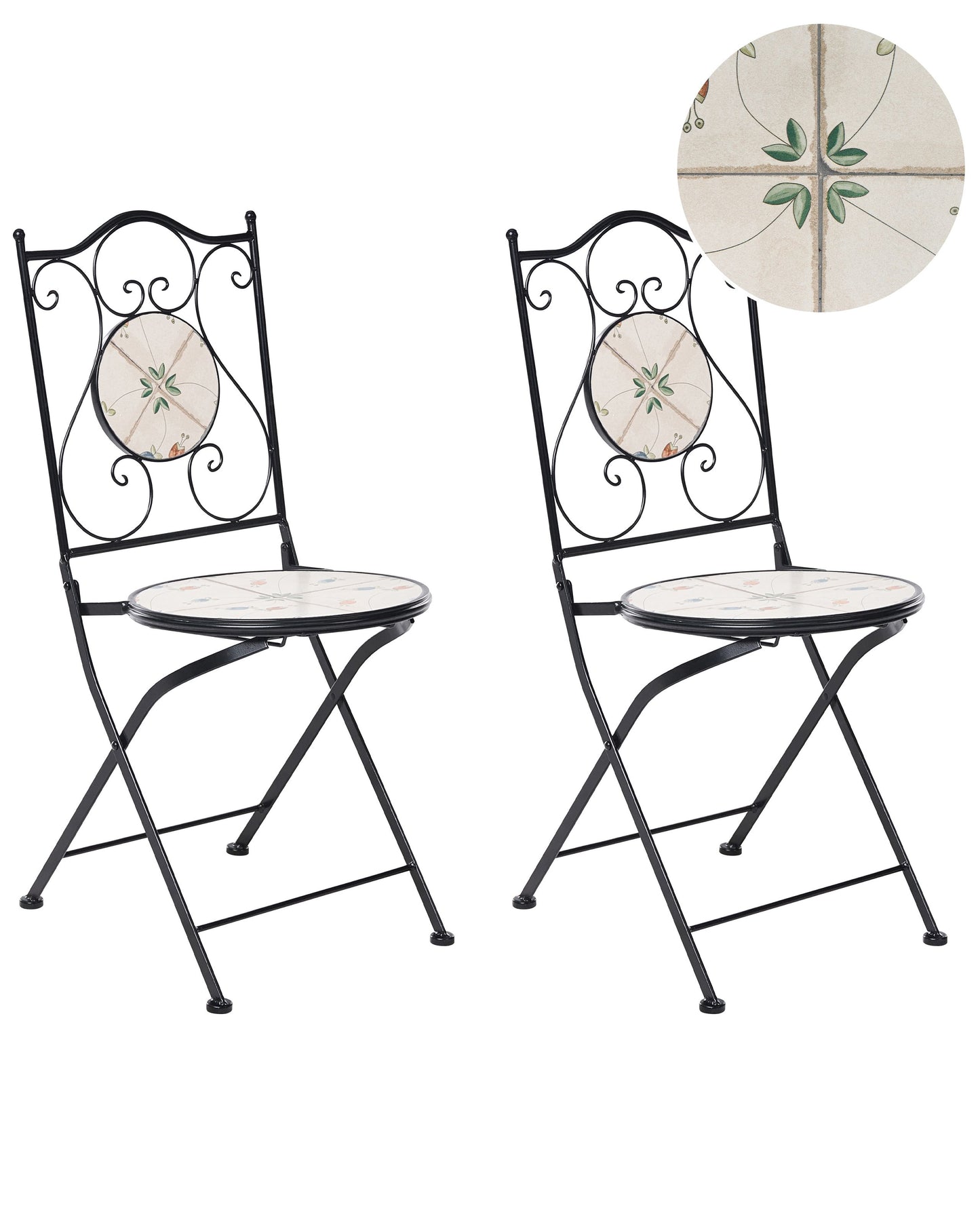 Garden Set Of 2 Folding Chairs Black Iron With Round Mosaic Ceramic Tile Flower Pattern
