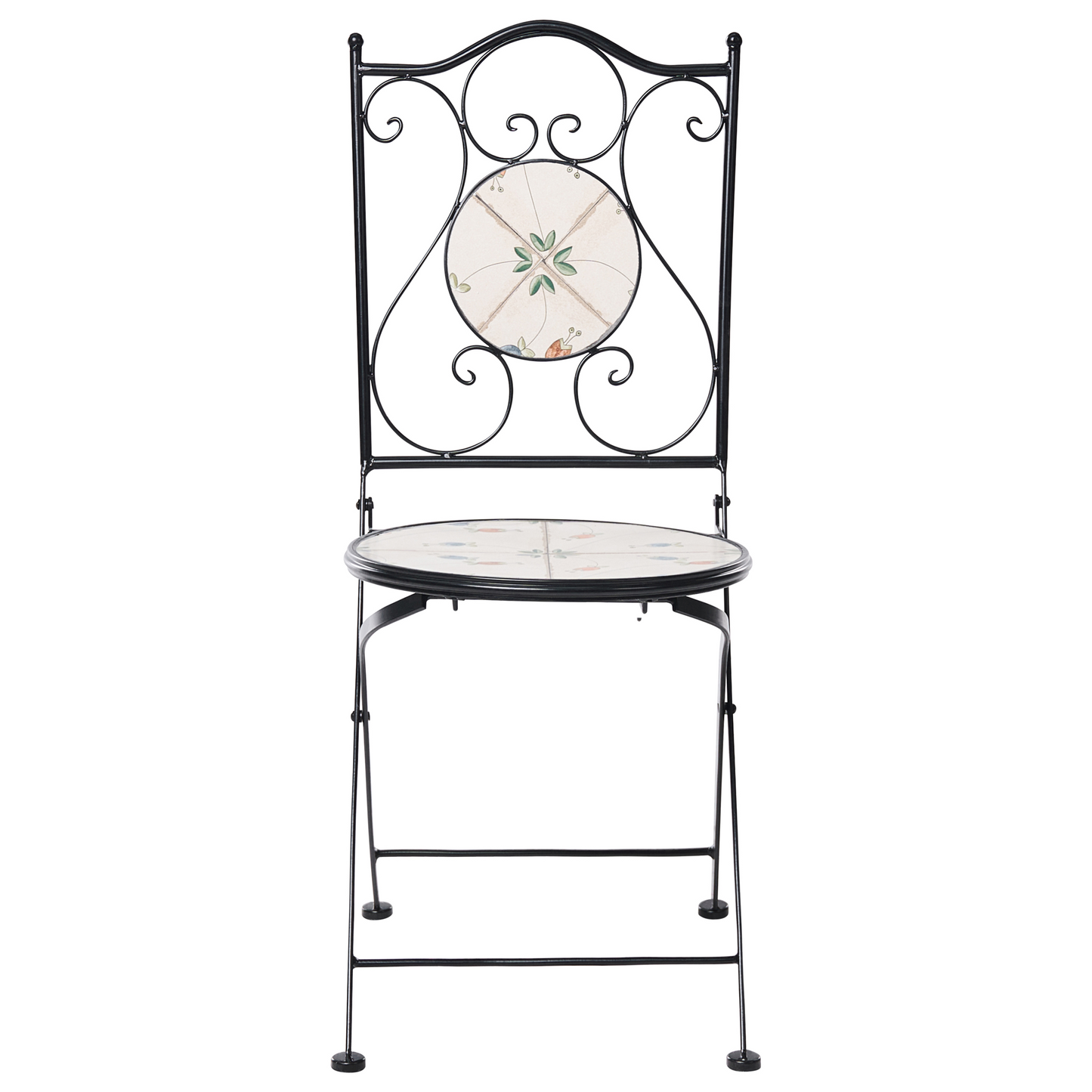 Garden Set Of 2 Folding Chairs Black Iron With Round Mosaic Ceramic Tile Flower Pattern