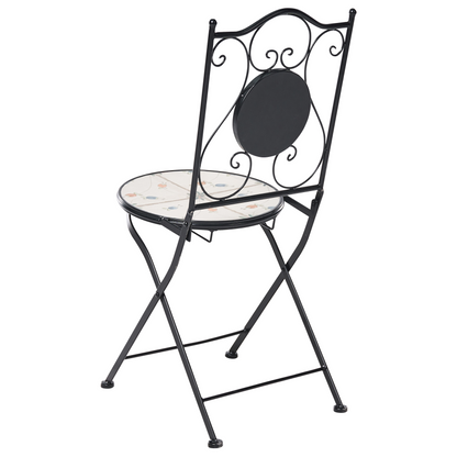 Garden Set Of 2 Folding Chairs Black Iron With Round Mosaic Ceramic Tile Flower Pattern