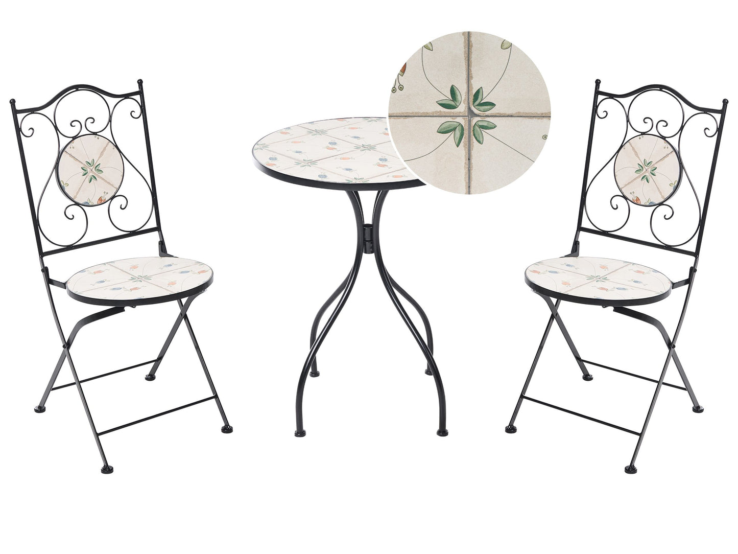 Wrought Iron Bistro Set Black Mosaic Tile Table Folding Chairs