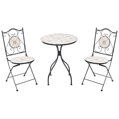 Wrought Iron Bistro Set Black Mosaic Tile Table Folding Chairs