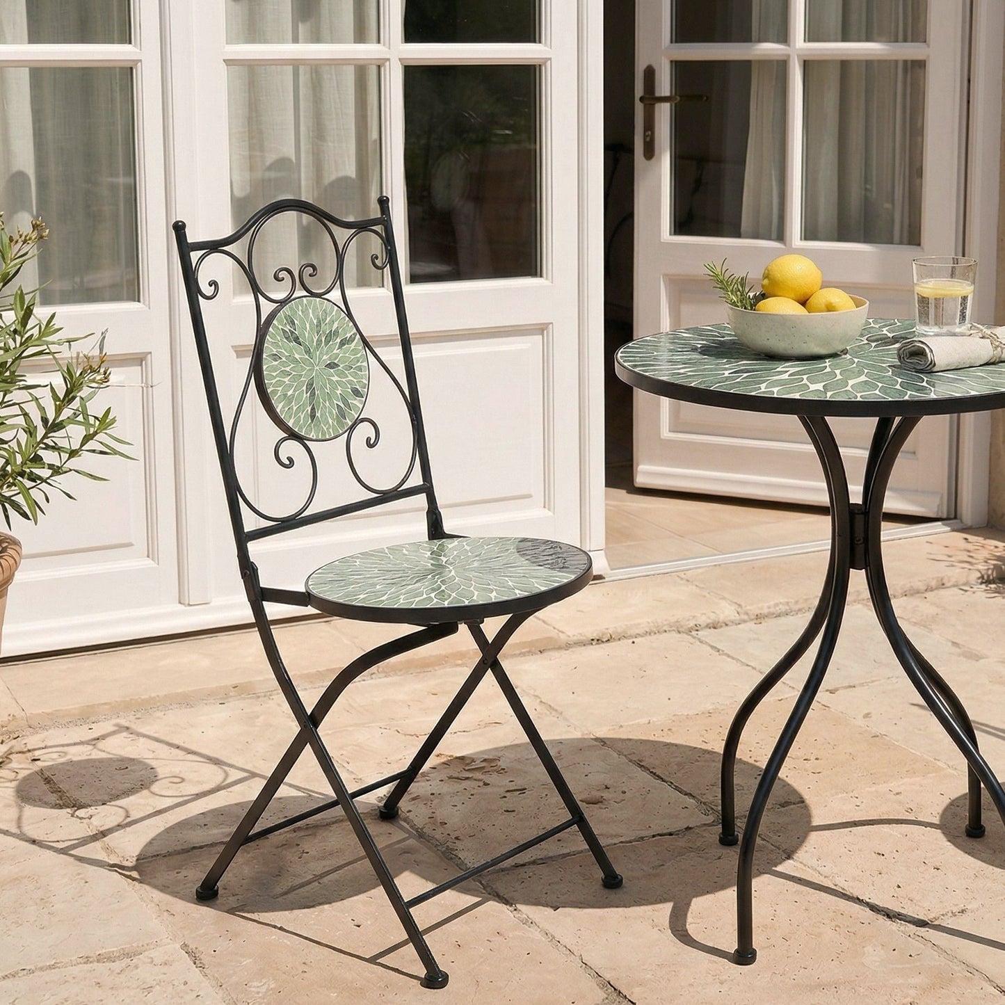 Set Of 2 Black Wrought Iron Folding Chairs With Mosaic Tiles