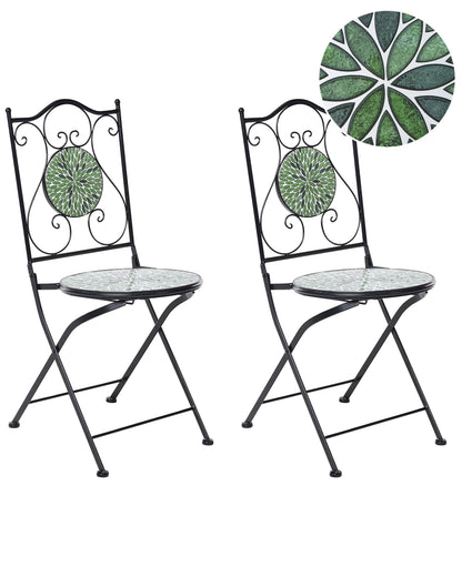 Set Of 2 Black Wrought Iron Folding Chairs With Mosaic Tiles