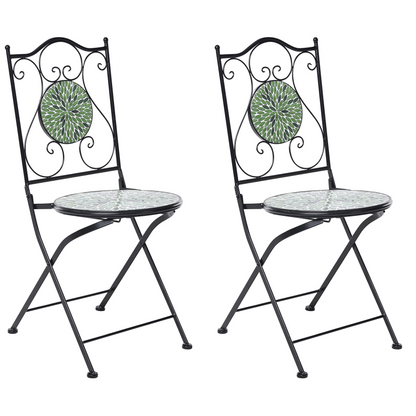 Set Of 2 Black Wrought Iron Folding Chairs With Mosaic Tiles